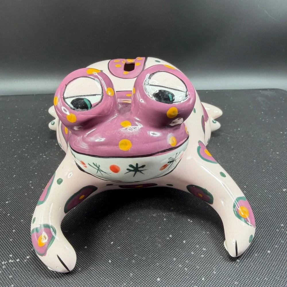 Ganz Bella Casa Ceramic Frog Piggy Bank Hand Painted Hearts Polka Dots Pink